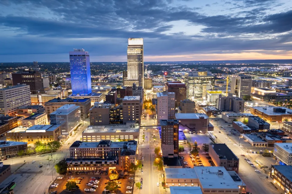 Omaha, Nebraska skyline at dusk.